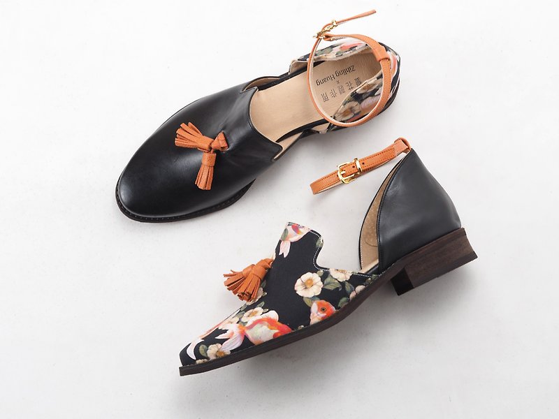 [Limited joint shoes for a period of time] Little Goldfish and Camellia x Love Flower Loafers - High Heels - Genuine Leather Black