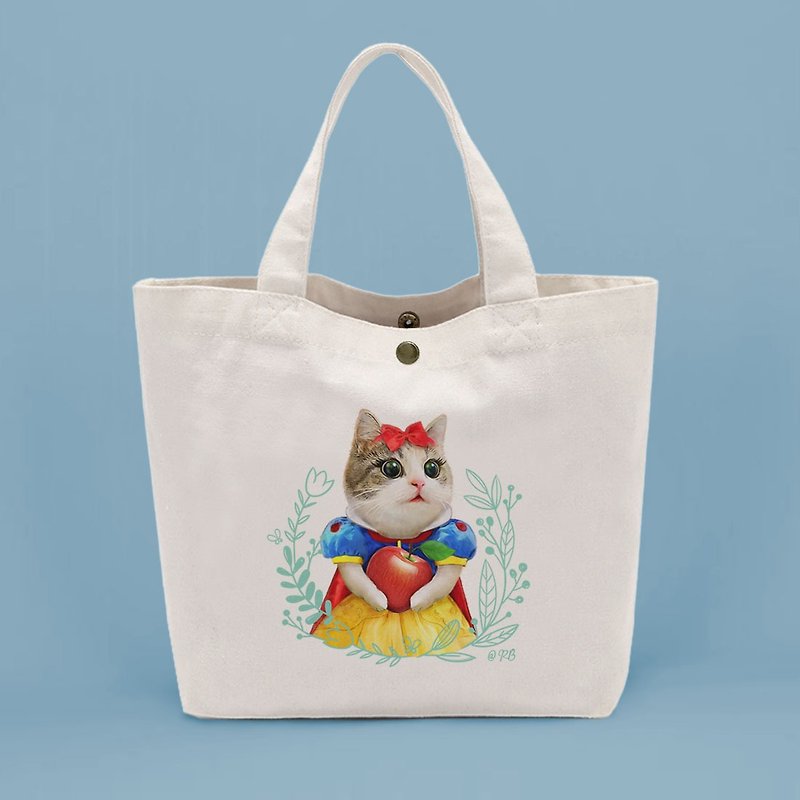 Cat princess canvas lunch bag - กระเป๋าถือ - ผ้าฝ้าย/ผ้าลินิน ขาว