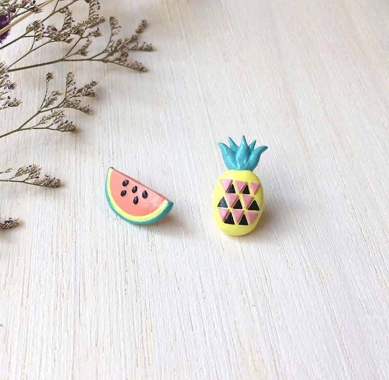 Mixed Fruit collection! Melon and Pineapple earrings, Fruit earrings - ต่างหู - ดินเหนียว หลากหลายสี