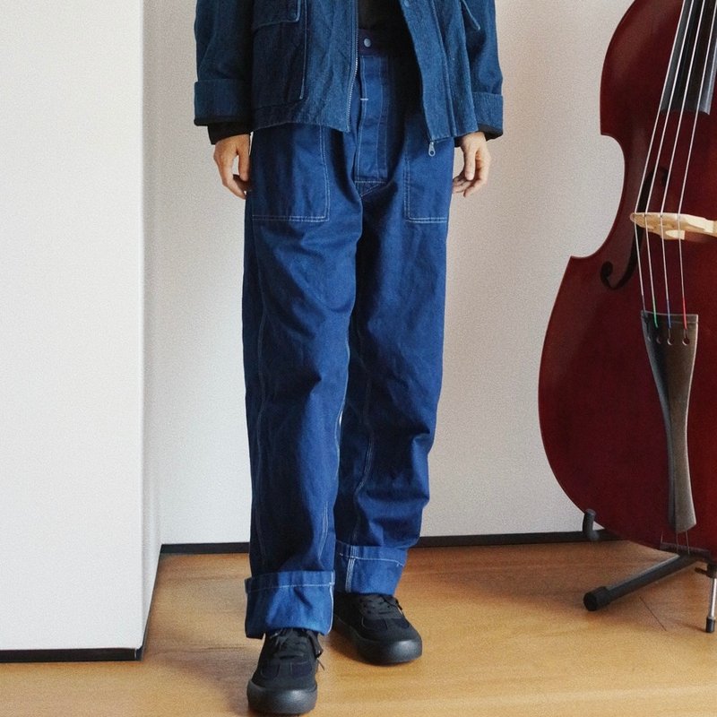 indigo 環保植物藍染型糊染 中性 秋季休閒工裝牛仔長褲 - 女長褲 - 棉．麻 藍色