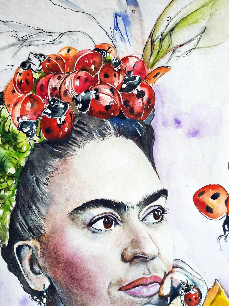 DIGITAL Frida Kahlo portrait, Frida with ladybugs, 6*7,4 in (15.2 cm on 18.7 cm) - Illustration, Painting & Calligraphy - Other Materials 