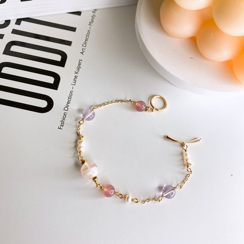 Acacia Traceless Snowflake Ghost Purple Horse Pink Amethyst Natural Pearl OT Buckle Crystal Bracelet - Bracelets - Crystal Pink