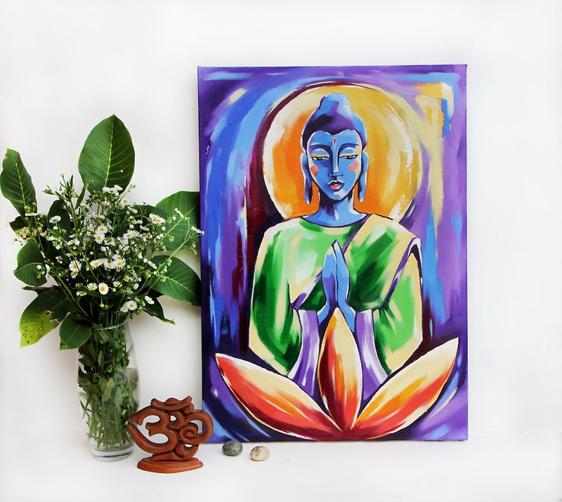 Buddha Painting Meditation Original Art Yoga Artwork Handmade Painting - 扇子 - 其他材質 紫色