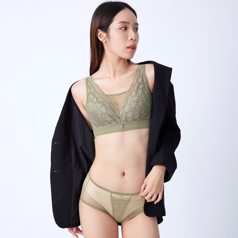 Pink Lady Wireless DE Cup Green Field Lake Wave Uniform Thin Lining Concentrated Covering Single Piece Underwear - Women's Underwear - Nylon Green