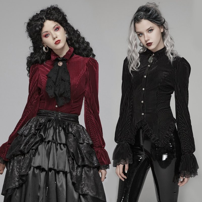 哥德秘教暗紋絲絨襯衫 - 黑 / 紅 / 綠 - 女襯衫 - 其他材質 黑色