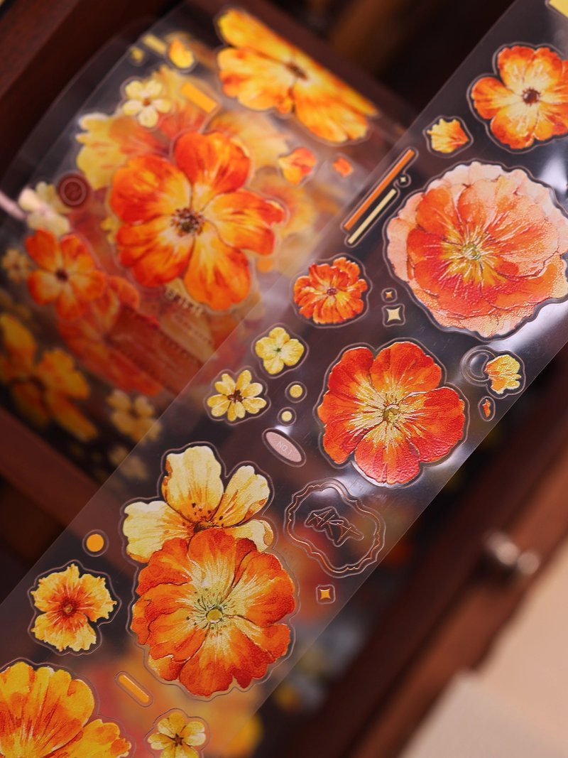 鎏金漫漫 復古黃橙花卉和紙PET模切手帳貼膠帶 - 紙膠帶/和紙/PET - 紙 卡其色