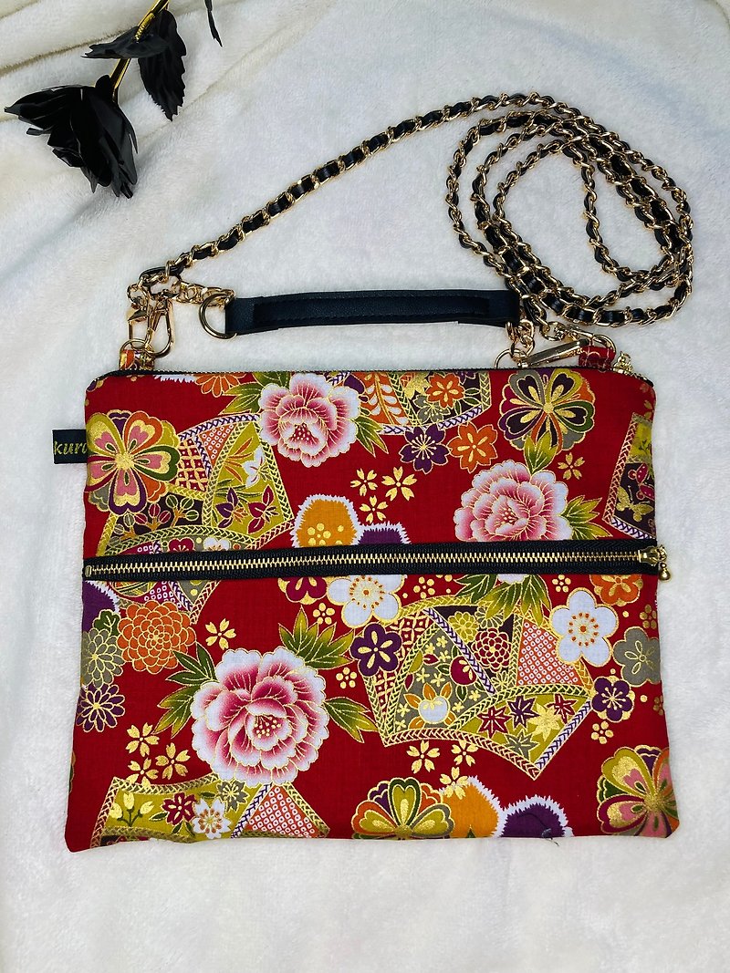 3way hand bag Japanese patten - กระเป๋าแมสเซนเจอร์ - ผ้าฝ้าย/ผ้าลินิน สีแดง