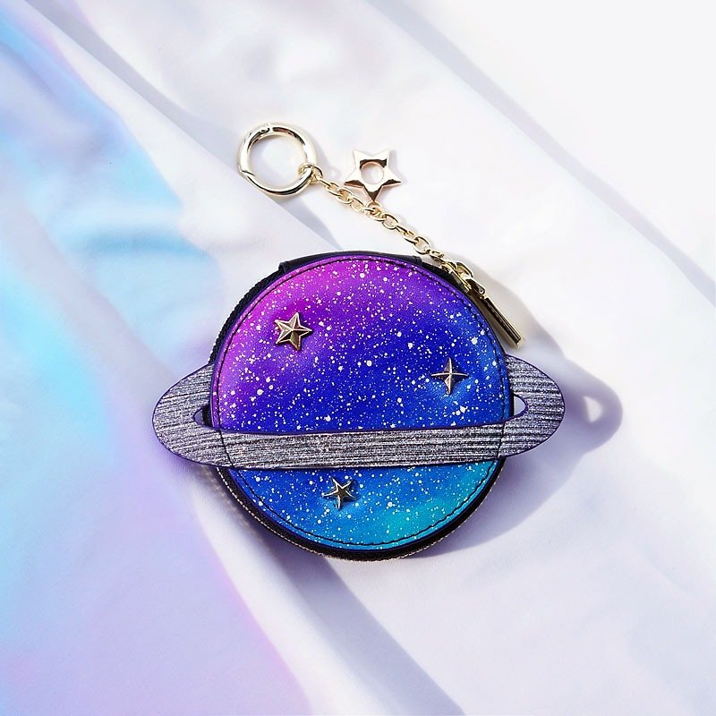 <Izzmi> psychedelic small planet cowhide purse ornaments shine sky stained coral - กระเป๋าใส่เหรียญ - หนังแท้ สีม่วง
