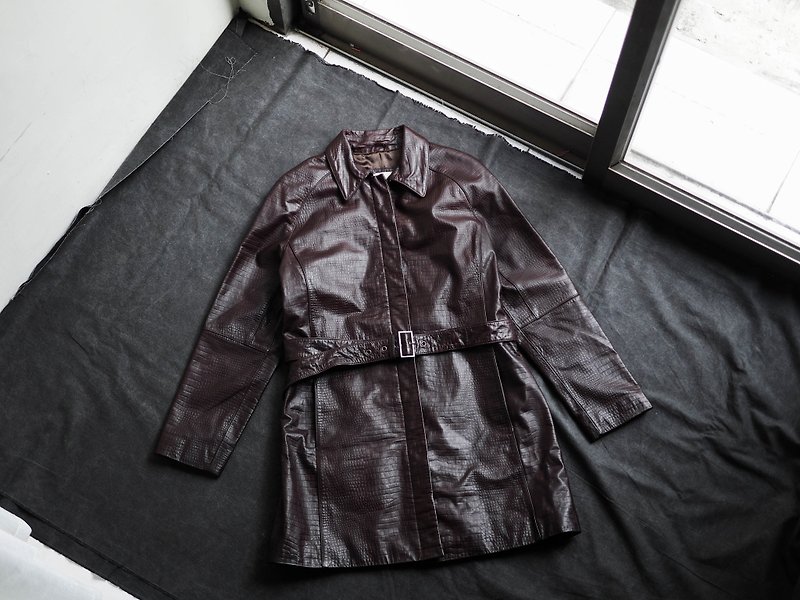 ENZO ANGIOLINI sheepskin leather antique sheep leather leather long windbreaker jacket Leather jacket - เสื้อแจ็คเก็ต - หนังแท้ สีนำ้ตาล
