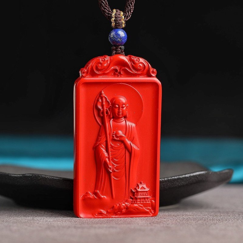 Natural cinnabar fine red sand Ksitigarbha Bodhisattva pendant fine original cinnabar contains more than 95% - Necklaces - Gemstone 