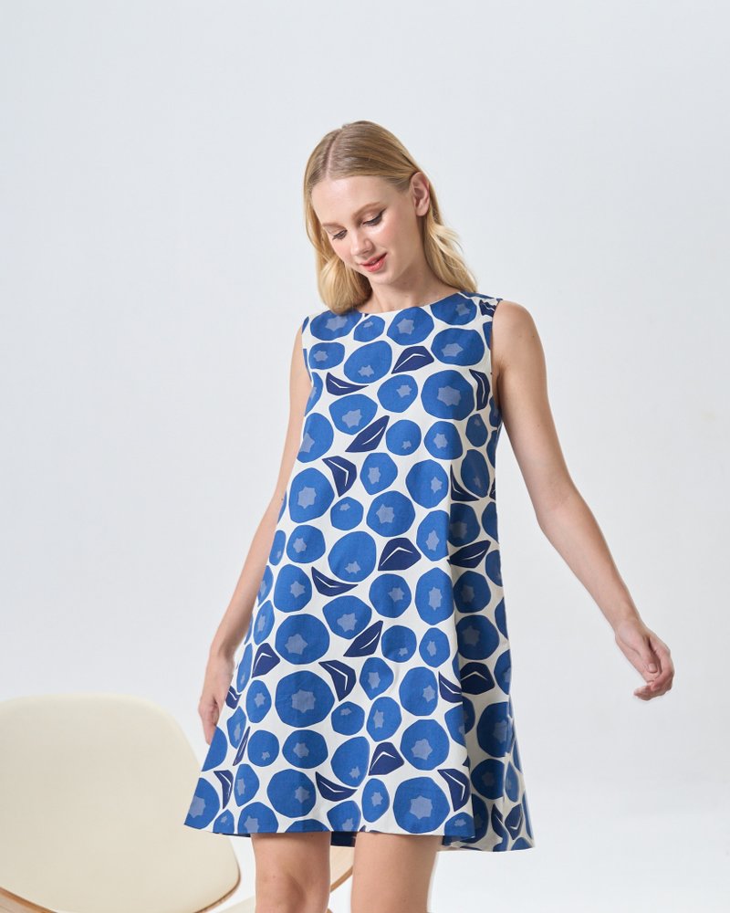BIRUCHU A-LINE DRESS - Navy Dot Short dress , sleeveless, deep blue, connected - 洋裝/連身裙 - 棉．麻 藍色