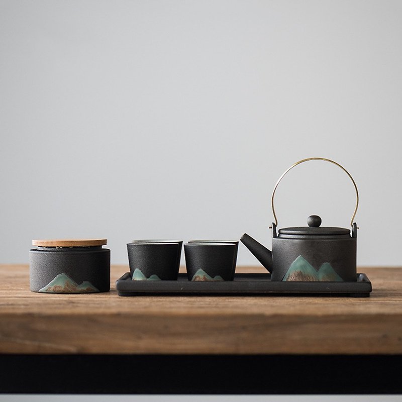 Hearing | Yuanshan Creative Japanese-style Handle Pot Kung Fu Tea Set Set of Glazed Stoneware One Pot and Four Cups - ถ้วย - ดินเผา 