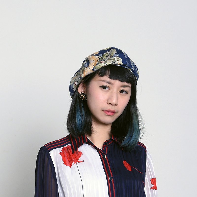 JOJA│ Beile / Japan cloth / blue yellow flowers - หมวก - ผ้าฝ้าย/ผ้าลินิน สีน้ำเงิน
