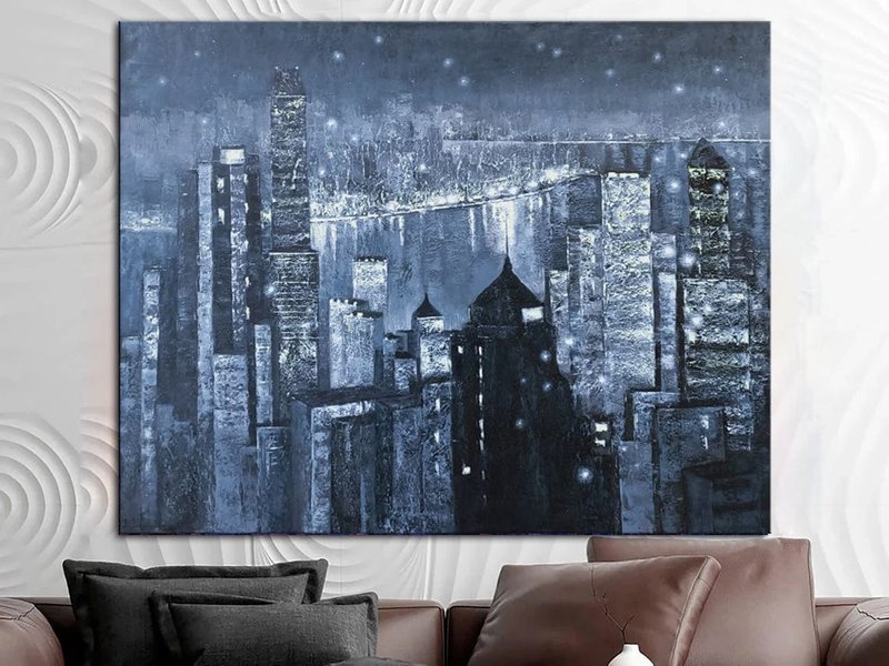 Abstract Blue Paintings On Canvas Original City Painting Support Ukraine Oil Art - 壁貼/牆壁裝飾 - 壓克力 藍色