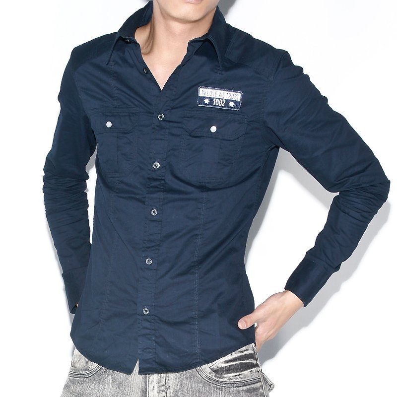 Dark blue long-sleeved shirt with appliqué embroidery - เสื้อเชิ้ตผู้ชาย - ผ้าฝ้าย/ผ้าลินิน 