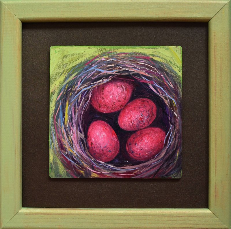 Pink Bird's Eggs Original Oil Painting 18x18cm Bird's Nest Painting - Illustration, Painting & Calligraphy - Other Materials Blue