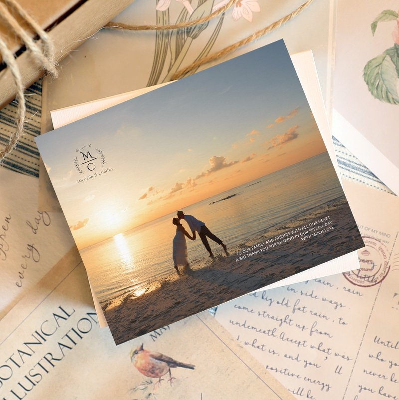 【カスタマイズ】ウェディングサンキューカード ウェディングサンクスカード カスタマイズカップルロゴ 専用コピーライティングバージョン W11 - はがき・メッセージカード - 紙 ホワイト