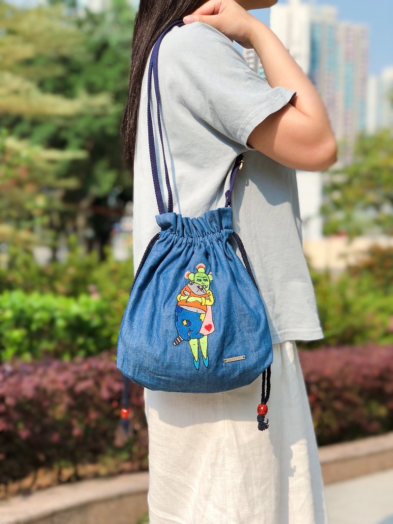 Embroidered Denim Drawstring Across-body Bag - Helpless Fat Cat - Messenger Bags & Sling Bags - Thread Blue
