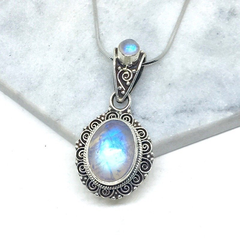 月光石925純銀雙寶石設計項鍊 尼泊爾手工鑲嵌製作 - 項鍊 - 寶石 藍色