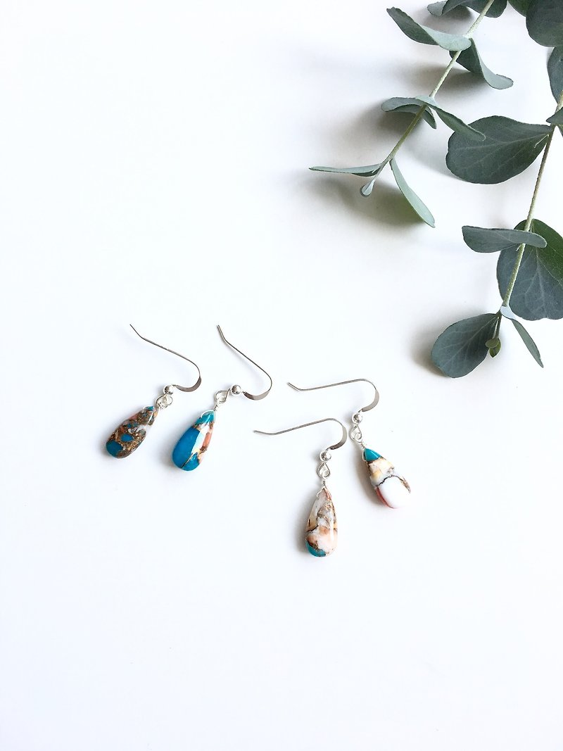 Oyester Copper Turquoise Earrings 14 kgf / SV 925 - Earrings & Clip-ons - Gemstone Blue