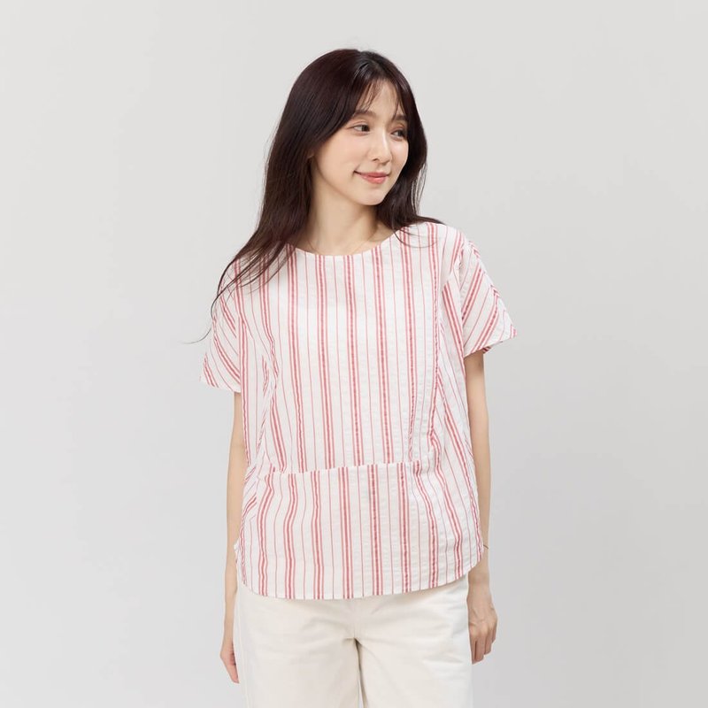 Debbie 方型小蓋袖拼接棉質直條上衣(三色) - 女上衣/長袖上衣 - 棉．麻 白色