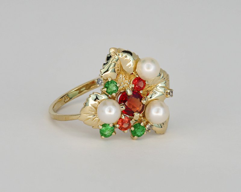 Natural floral ring with oval sapphires, diamonds, emeralds and pearls - 戒指 - 貴金屬 金色