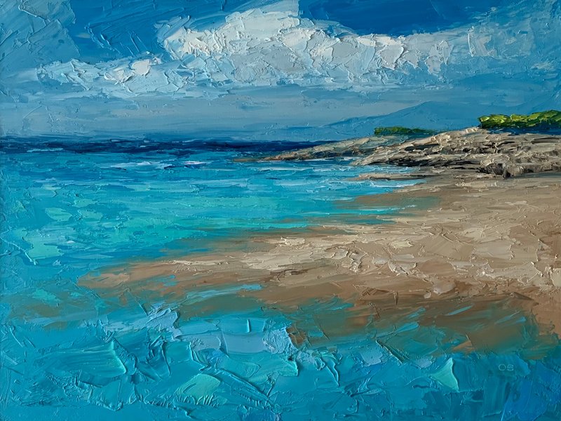 Original Seascape Oil Painting Beach Ocean Landscape Textured Impasto Art - 壁貼/牆壁裝飾 - 棉．麻 多色