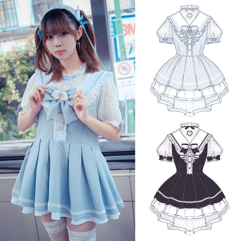 tenshi kawaii Ryousangata magic relic lace border sailor shirt dress JJ2499 - ชุดเดรส - ผ้าฝ้าย/ผ้าลินิน 