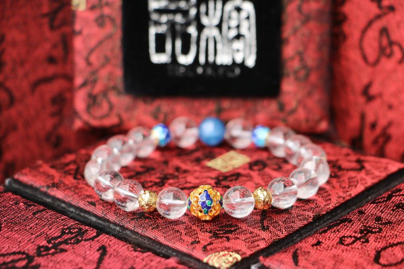 原礦白水晶手珠 10mm 景泰藍蓮花 藍晶石 客製化串珠設計 手環 - 手鍊/手環 - 水晶 