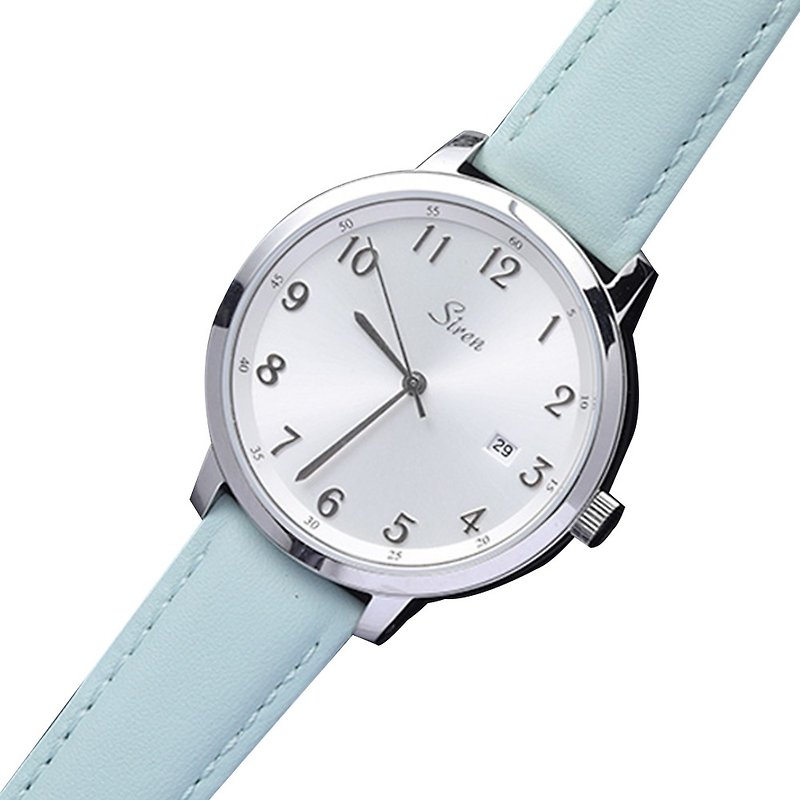 SIREN經典簡約系列 - 銀白湖水綠皮帶 - 女錶 - 不鏽鋼 白色