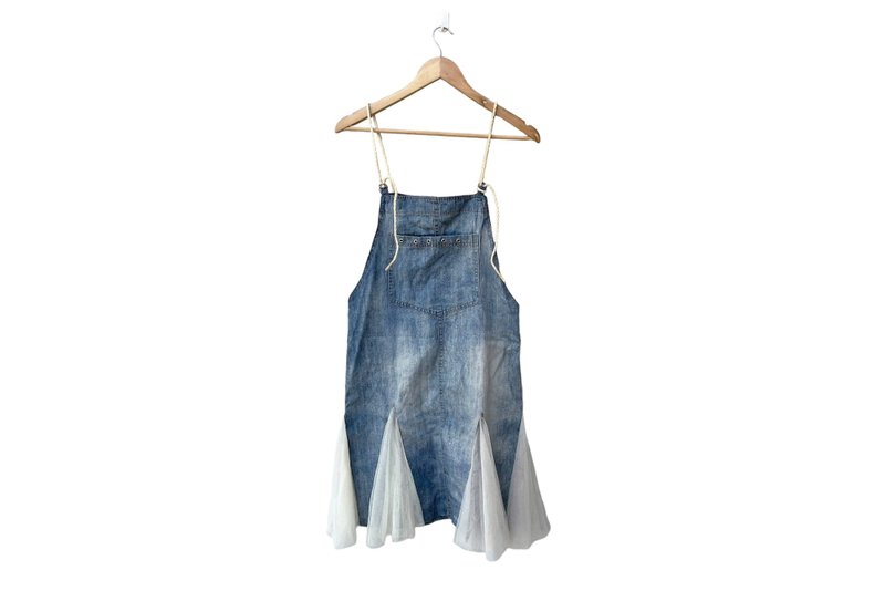 REWORK 90s Blue Denim Cotton pocket overall mini dress with net ruffle detail - 吊帶褲/連身褲 - 棉．麻 藍色