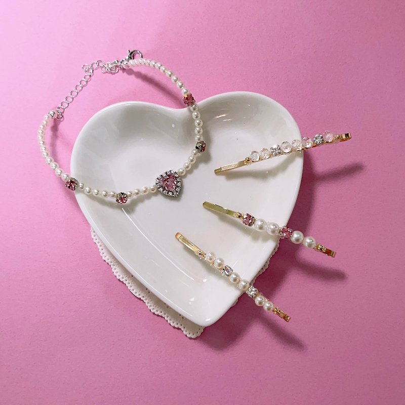 Swarovski Pink Heart Rhinestone Pearl Bracelet - Bracelets - Aluminum Alloy Pink