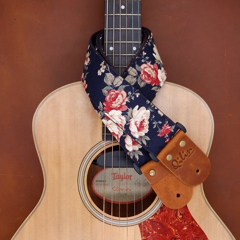 Navy Flower Fabric Guitar Strap - กีตาร์เครื่องดนตรี - หนังแท้ สีน้ำเงิน