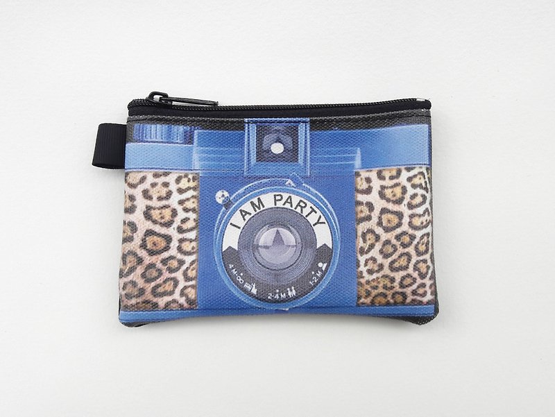 ｜I AM PARTY｜ Handmade canvas leather coin purse-Leopard print monocular camera [Buy, get free brand badge or leisure card sticker x1] - กระเป๋าใส่เหรียญ - หนังแท้ สีน้ำเงิน