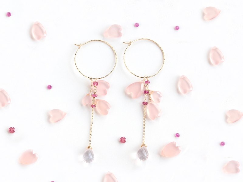 14kgf-cherry blossom hoop pierced earrings/can change to clip-on - 耳環/耳夾 - 其他金屬 粉紅色