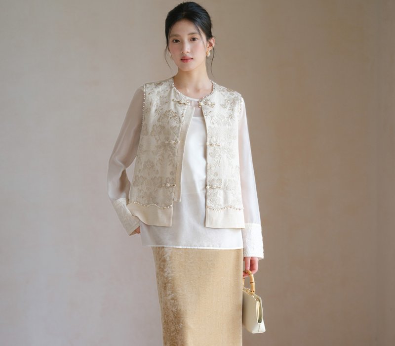 【金縷影】新中式復古中國風 人絲亞麻/刺繡疊穿上衣/背心/半裙 - 女上衣/長袖上衣 - 絲．絹 白色