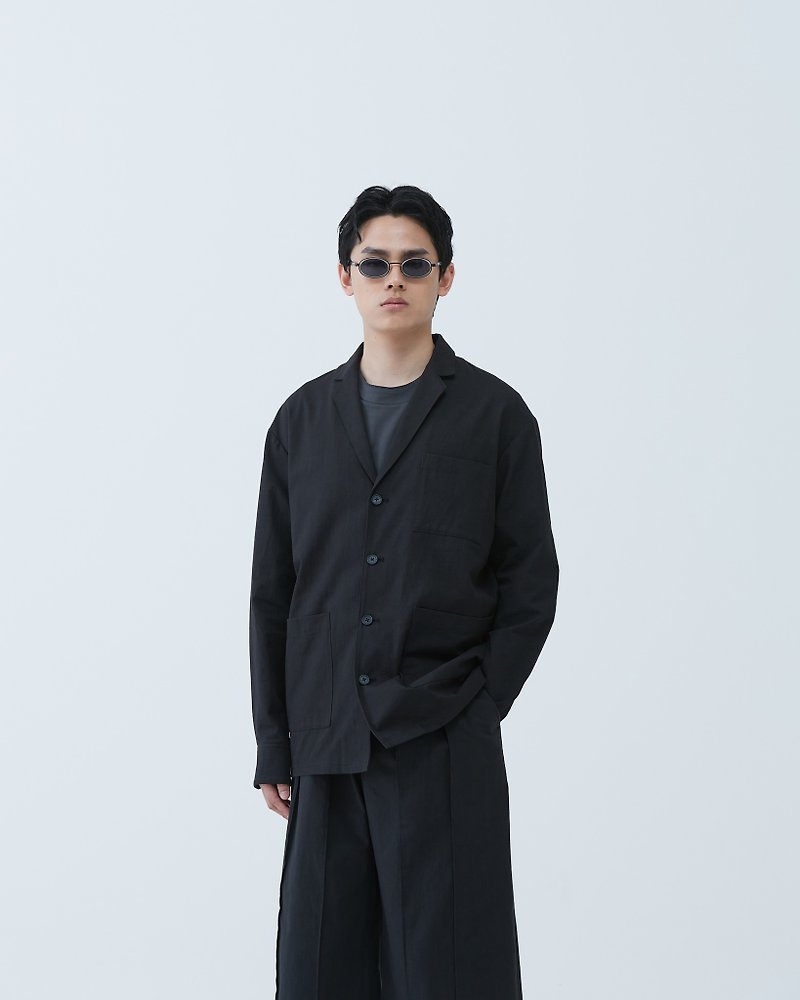 Lapel Casual Suit - เสื้อสูทผู้ชาย - ผ้าฝ้าย/ผ้าลินิน สีดำ