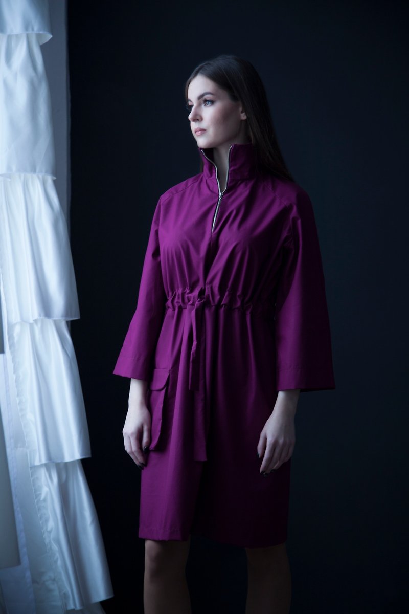 High neck front zip dress, Simple half zip dresses for women - 連身裙 - 棉．麻 紫色