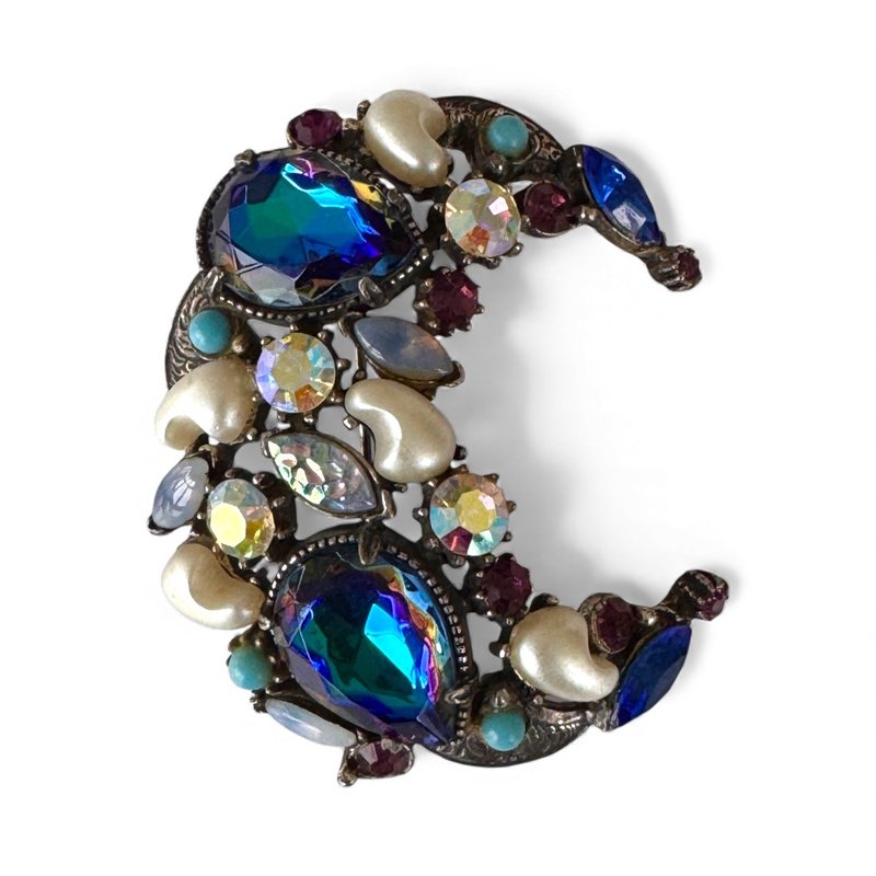 Vintage Florenza Half Moon blue crystal brooch 1960's mystical very rare pin - 胸針 - 其他材質 藍色