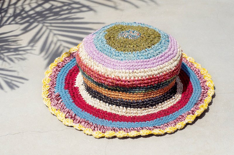 限量一件 手工編織棉麻帽/編織帽/漁夫帽/草帽 - 溫暖森林彩色條紋花邊 - 帽子 - 棉．麻 多色