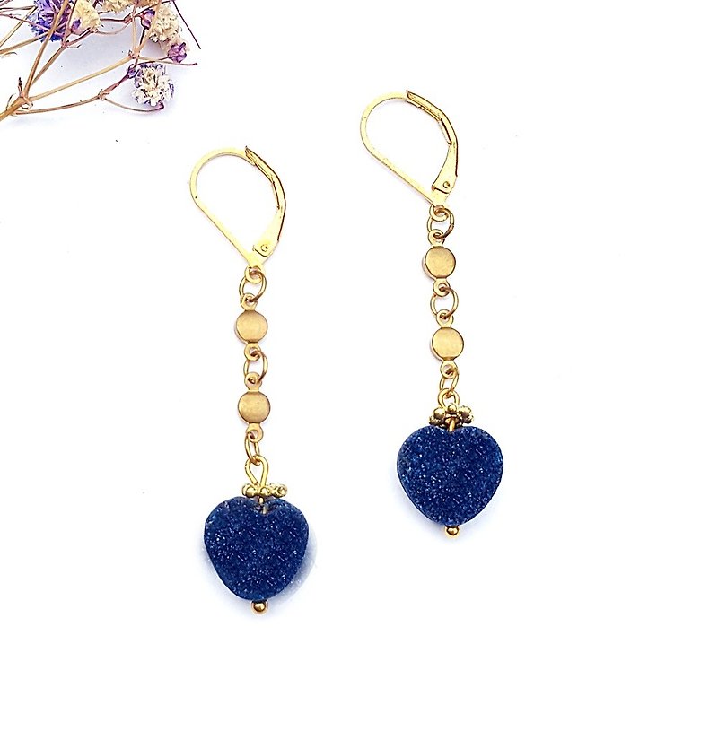 藍色之愛-天然晶簇水晶芽 黃銅耳環 極簡幾何 個性 情人節 客製 - 耳環/耳夾 - 半寶石 藍色