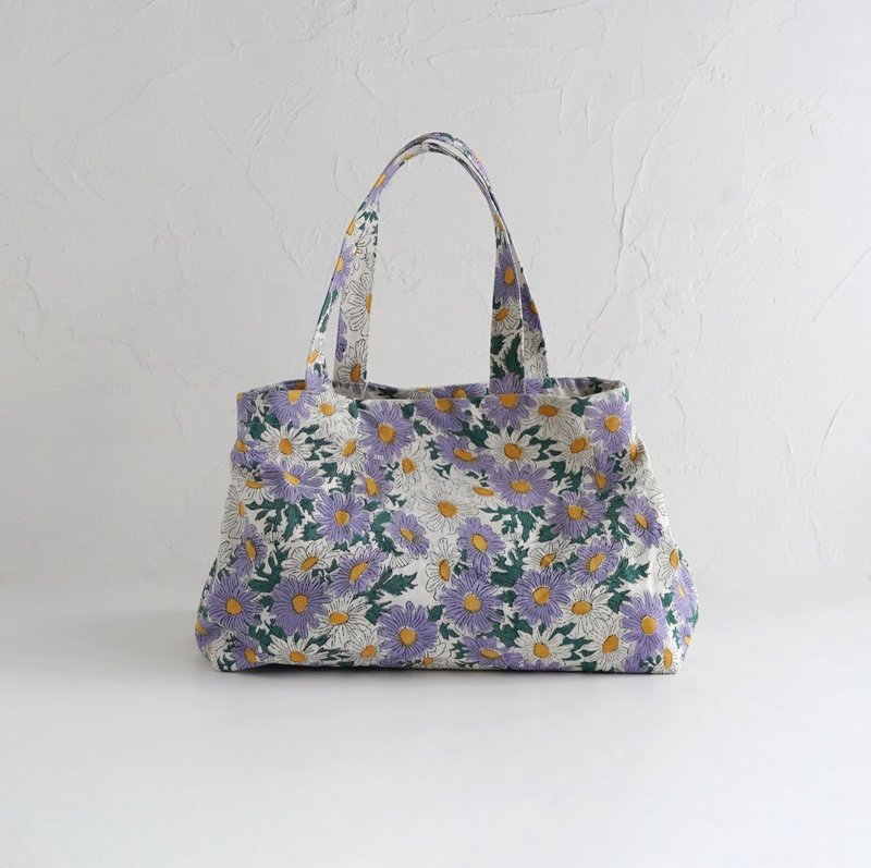 たっぷり入るカラフルな花柄バッグ、Margaretトートバッグ　purple - 手提包/手提袋 - 棉．麻 紫色