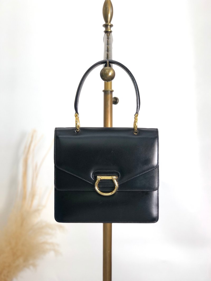 【 日本直送　名牌中古包 】CELINE セリーヌ ハンドバッグ ブラック ホースビット ダブルフラップ レザー vintage ヴィンテージ istaf6 - 手提包/手提袋 - 真皮 黑色