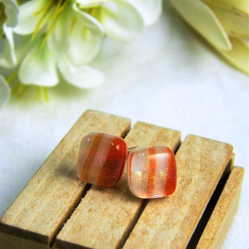 珠寶琉璃方塊耳環- 珠光大理石紋 B款 - 耳環/耳夾 - 玻璃 紅色