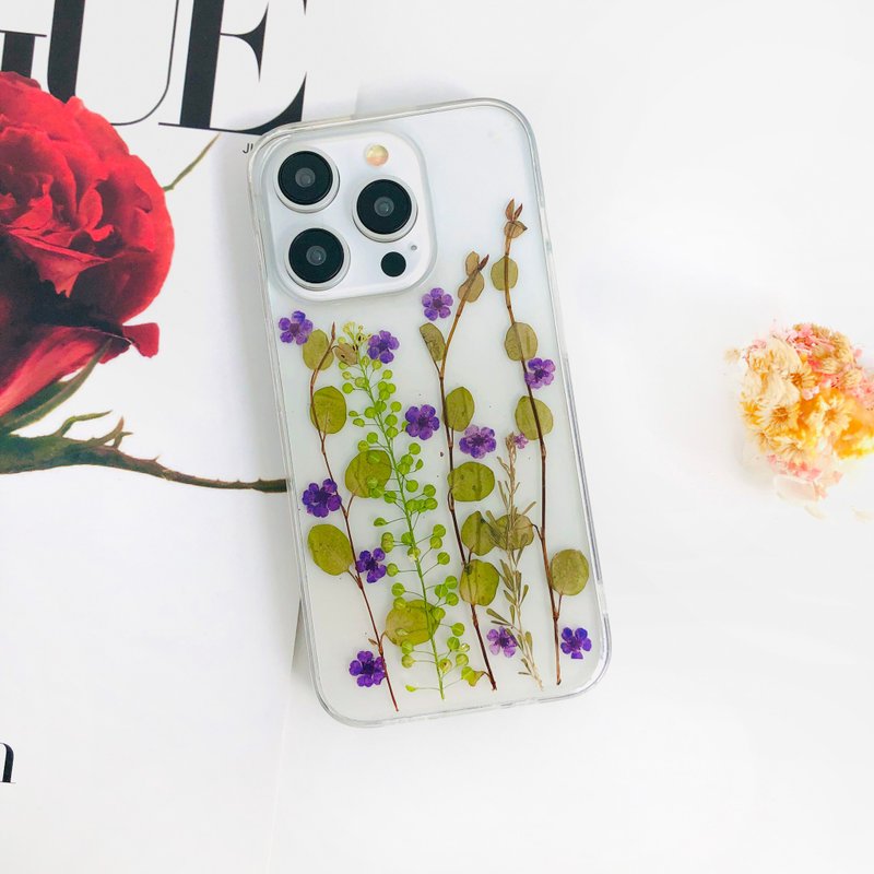 Purple Flower Green Leaf Pressed Flower Phone Case for iPhone 16 Samsung A35 - Phone Cases - Plants & Flowers 