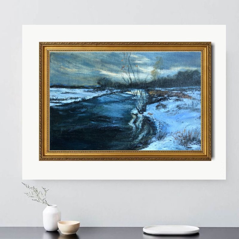 Winter river Original oil painting on canvas panel - 壁貼/牆壁裝飾 - 棉．麻 多色