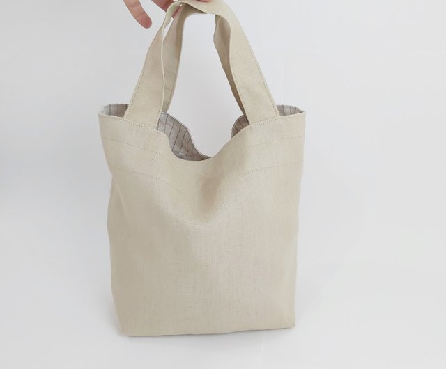 Reversible Drawstring bag, Beige Linen - Shop Pian Bags Drawstring