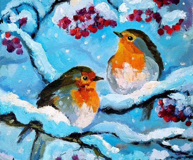 ロビン絵画カップル鳥オリジナルアート降雪油絵二羽の鳥
