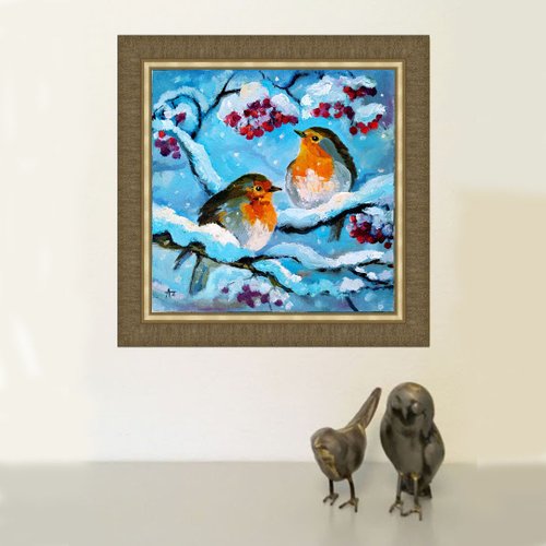 ロビン　油絵 ロビン絵画カップル鳥オリジナルアート降雪油絵二羽の鳥 - ショップ