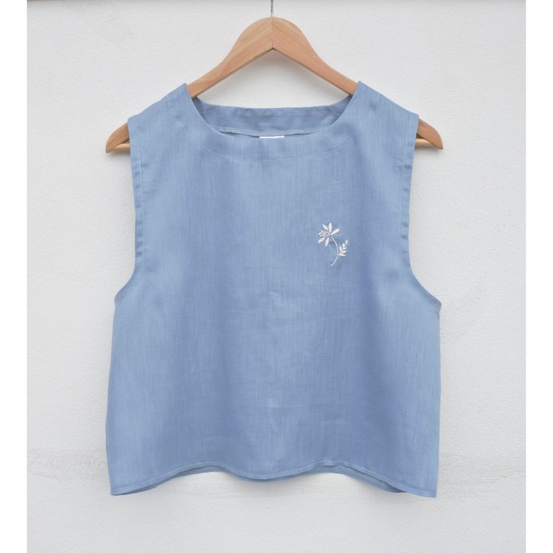 Embroidery | Linen | Blue sleeveless shirt - Women's Tops - Cotton & Hemp Blue